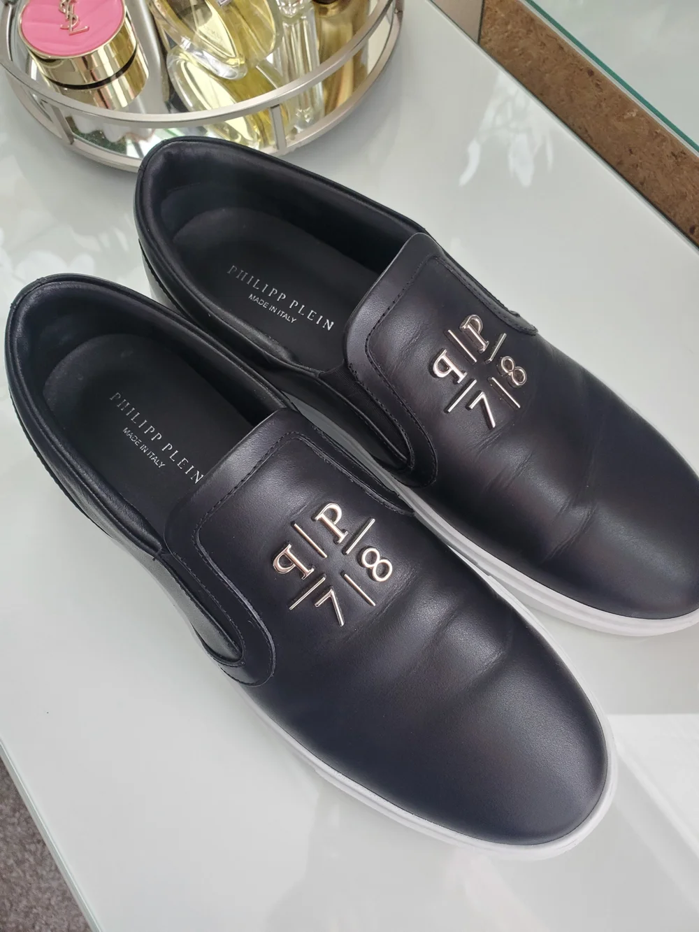 Philipp Plein Unisex Black Leather Slip-On Sneakers Sz 41